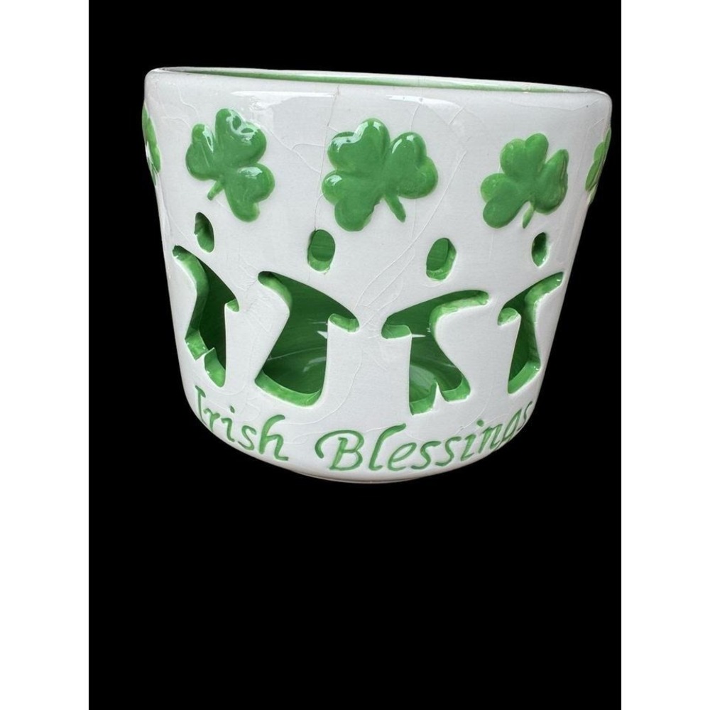 Vintage Artist Signed Irish Shamrock St. Patrick's Day Reticule Vase/Candle Hold